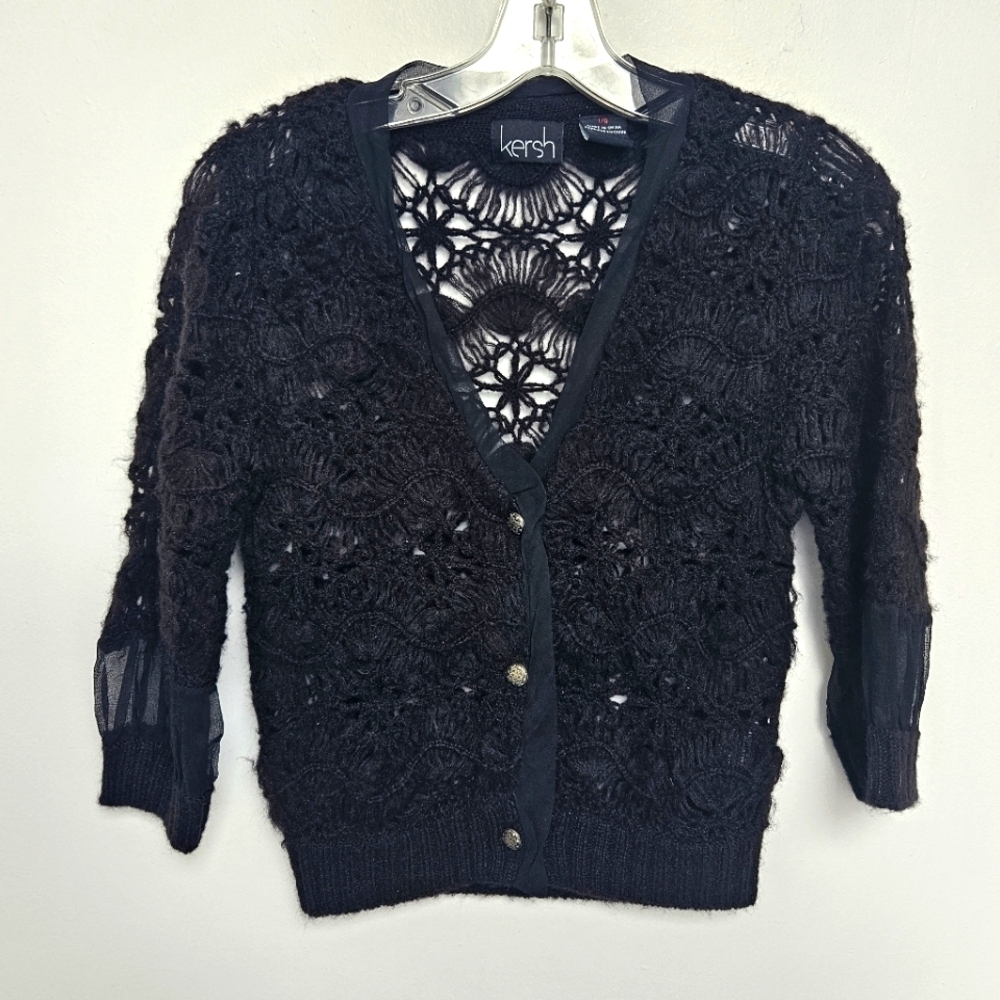 Kersh Vintage  Black Hand Knit Crochet Women's Sz L Open Button Sweater